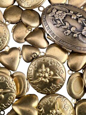 Bulk Jewelry Destash Lot: Raw Brass Lockets (Hearts, Rounds, Ovals) 35 pcs.